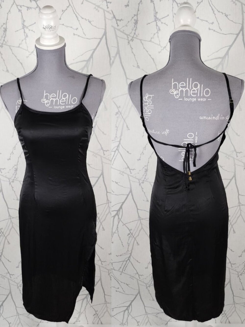 Jagger & Stone Black Satin Side Slit Strappy Backless Dress